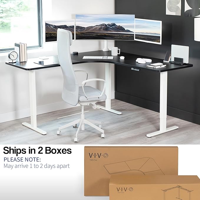 VIVO Electric Height Adjustable 71 x 71 inch Curved Corner Stand Up Desk Black Table Top White Frame Memory Controller L-Shaped Workstation E3C Series DESK-KIT-E3CWB