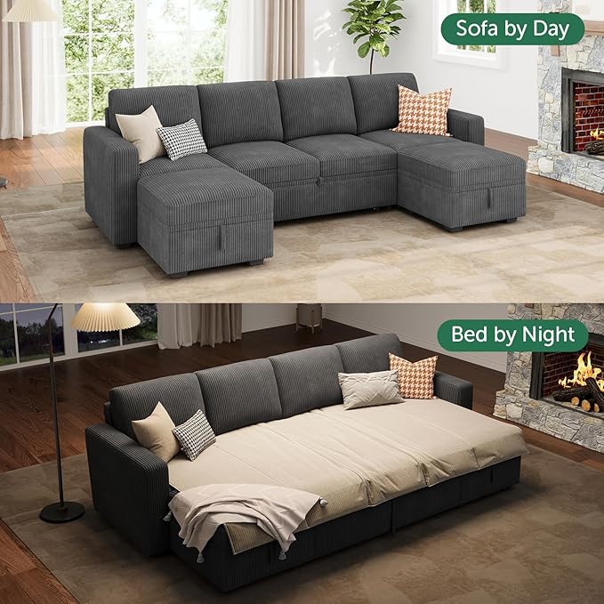 HONBAY Modular Sectional Sleeper Sofa Bed Corduroy Pull Out Couch with Storage Ottoman U Shaped Sectional Couches for Living Room Dark Grey