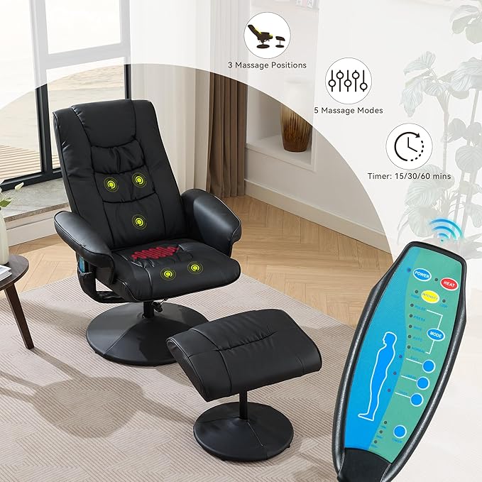 360° Swivel Office Chair with Ottoman Massage Lounge Chair with 5-Point Vibration &amp Heated Seat 140° Adjustable PU Leather Recliner for Living Room Home Theater or Office (Black)
