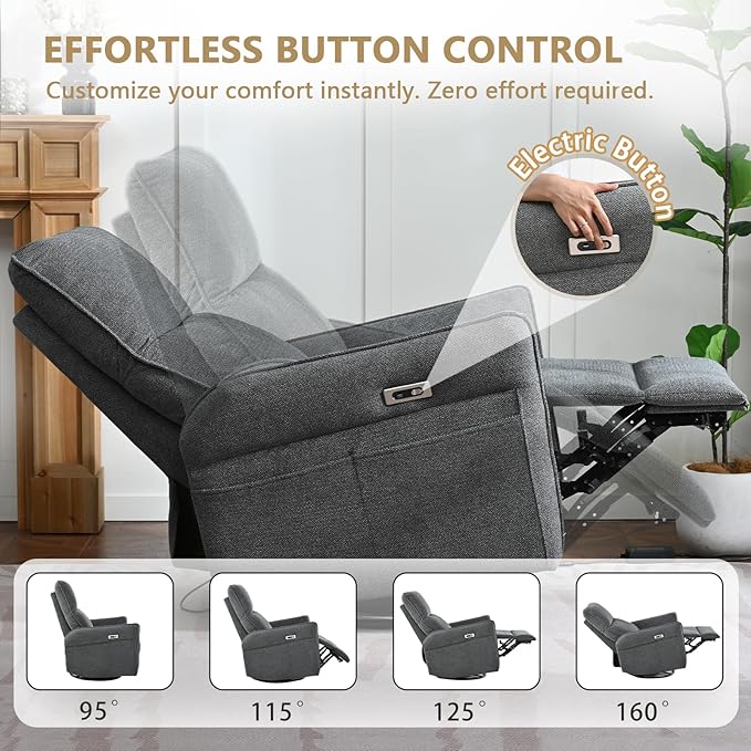 cinkehome Power Swivel Rocker Recliner with USB Overstuffed Electric Reclining Chair Snowflake Fleece Rocker Recliner for Nursery Living Room Bedroom