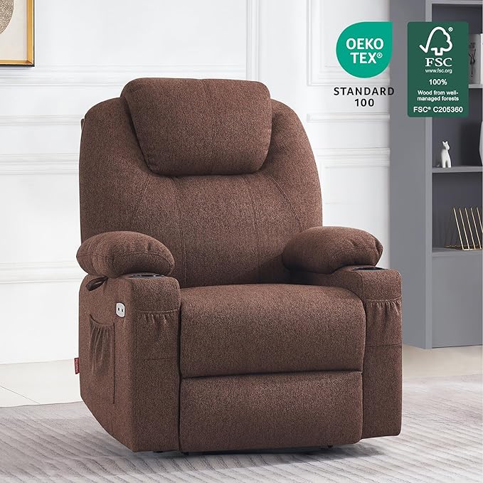 MCombo Power Lift Recliner Chair for Elderly Lift Chair with Heat and Massage FSC Certified USB&ampType C Ports Cup Holders Fabric 7040 (MediumCoffee)