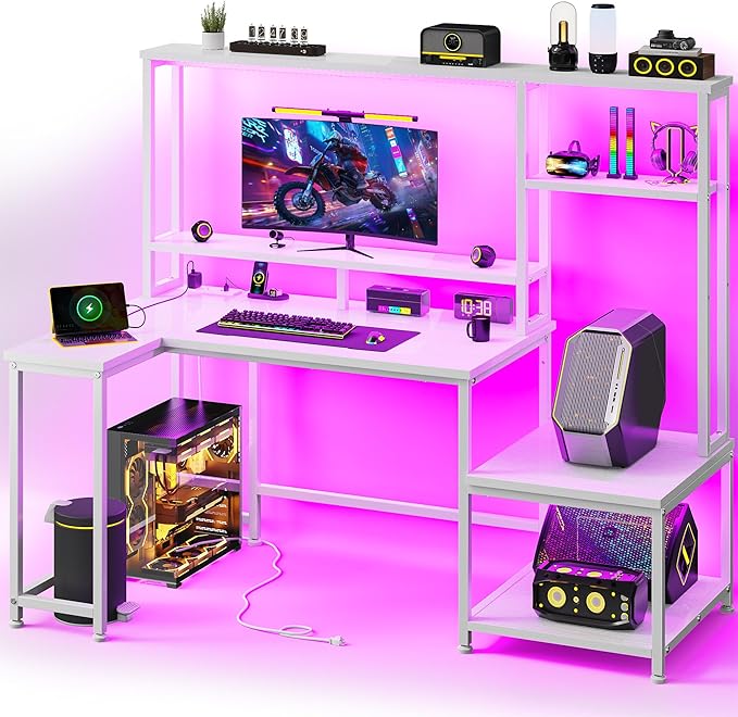 L Shaped Gaming Desk with LED Lights &amp Outlets55 Computer Desk with Shelves &amp Storage HutchReversible Corner Gaming Table with Printer Space &amp Monitor Stand for Game RoomHome OfficeWh