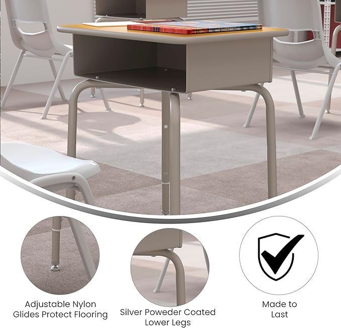 Flash Furniture Billie Student Desk - Maple Open Front School Desk - Silver Metal Frame - 24W x 18D Adjustable Height Durable for School or Remote Learning