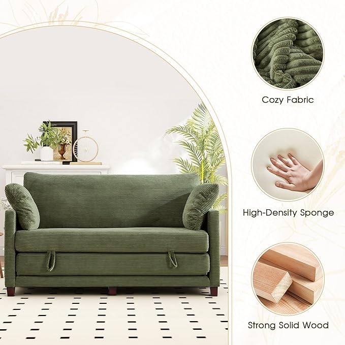 65 Convertible Loveseat Sofa Bed 2-in-1 Folding Sofa Bed with 2 Pillow for Small Spaces Modern Loveseat Sleeper Couch for Apartment Living Room &amp Guest Room (Green Corduroy 65 inch)