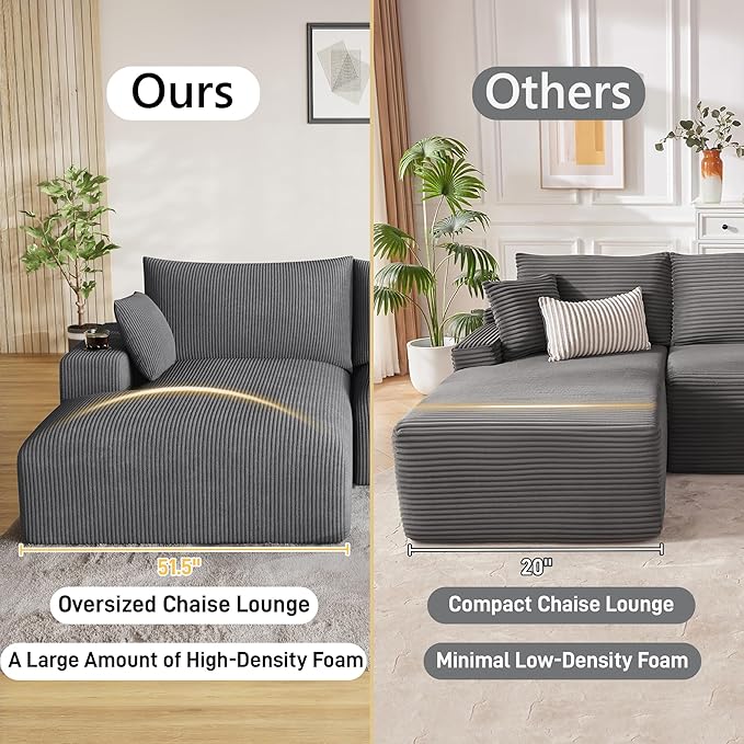 113 Modular Sectional Sofa Cloud Couch Modern Deep Seat Fluffy Corduroy Boneless Couch with Cup Holder Comfy L Shaped Sectional Couches for Living Room Bedroom. (Left Facing Grey)