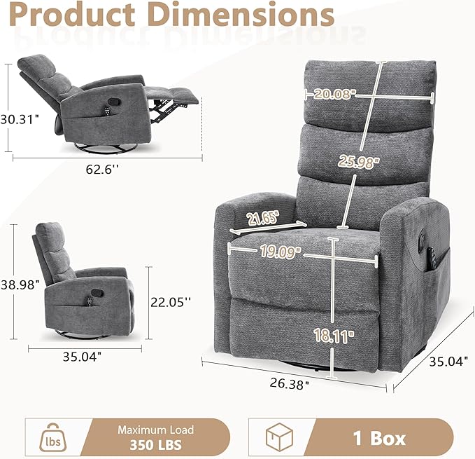 cinkehome Small Swivel Rocker Recliner Chair with Heated Massage Upholstered Nursery Glider Recliner Chair High Back Side Pocket (Grey Chenille Fabric)