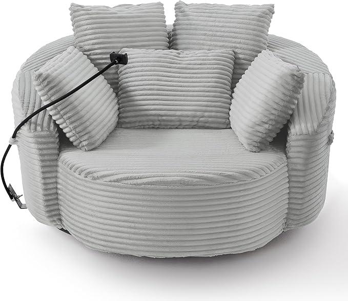 360° Swivel Accent Chair with 5 Throw Pillows Adjustable Phone Holder Corduroy Fabric Round Sofa Chair Barrel Chair with Semi-Wraparound Design for Living Room Office and Hotel (Light Gray1)