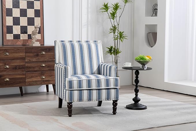 Upholstered Accent Chair Vintage Armchair with Blue and White Striped Linen Fabric Nailhead Trim and Solid Wood Legs 27”x27”x35”Comfortable Reading Chair for Living Room (Blue)