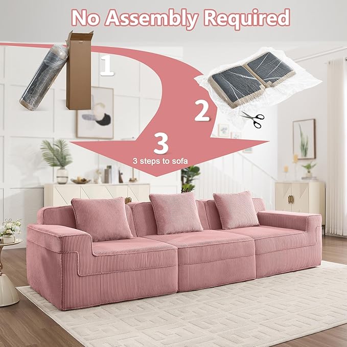 117.3 Corduroy Boneless Sectional Couch with High Density Memory Foam SofaCloud Sofa with Deep Seats and Wide Armrests3 Seater Pink Sofa for Living Room Apartments
