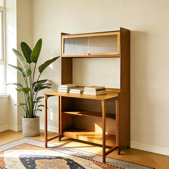 Foldable Desk with Hutch &ampStorage Fold Out Convertible Murphy Computer Table Folding Writing Table Workstation with Free Cat Bed &amp Scratching Post for Small Spaces (Walnut1)