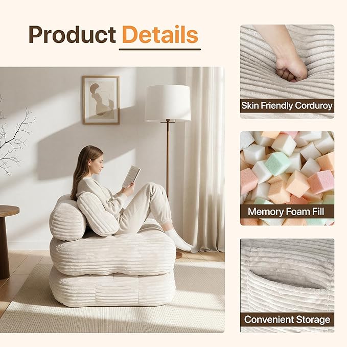 Boneless Chair Folding Sofa Bed with Pillow Sleeper Sofa with Back Support Sleeper Chair Portable Fold Out Chair Bed Comfy Foldable Mattress for Living Room Beige Single