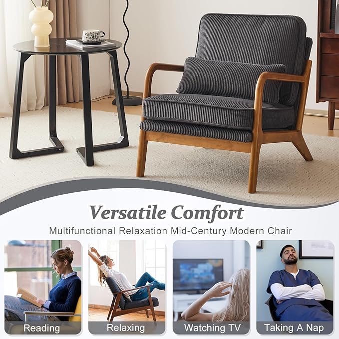 VINGLI Upgraded Premium Corduroy Accent ChairUpholstered Arm ChairSolid Wood Comfy Reading Chair with Lumbar Pillow Mid Century Modern Chairs for Living RoomBedroomDark Grey