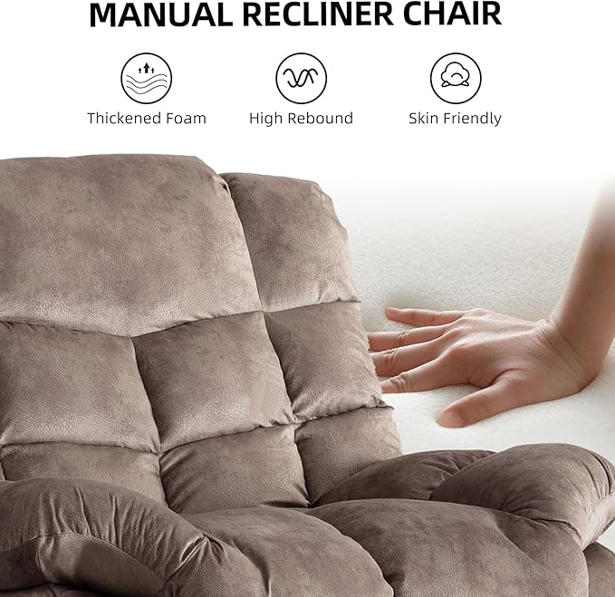 EBELLO Manual Recliner Chair Soft Fabric Reclining Chair with Soft Padded Headrest and Armrest Overstuffed Single Sofa for Living Room Brown