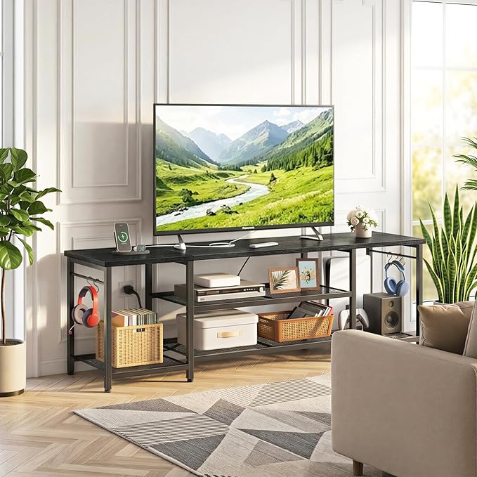 YGEOMER TV Stand for Up to 75 Inch TVs Entertainment Center with Power Outlet and Open Storage Shelves TV Media Console Table for Living Room and Bedroom Black
