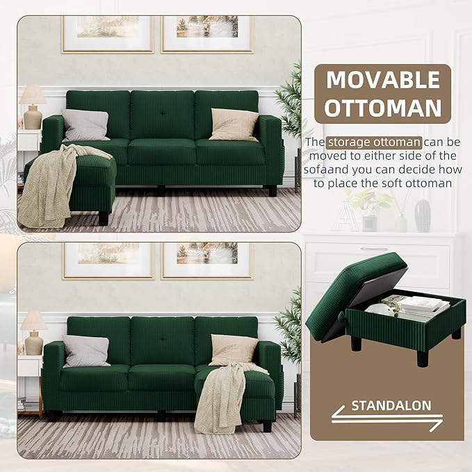 JAMFLY Convertible Sectional Couches for Living Room L-Shaped Couch 3 Seat Sectional Sofa Set with Polyester Fabric and Movable Ottoman Small Couch for Apartments OfficeGreen