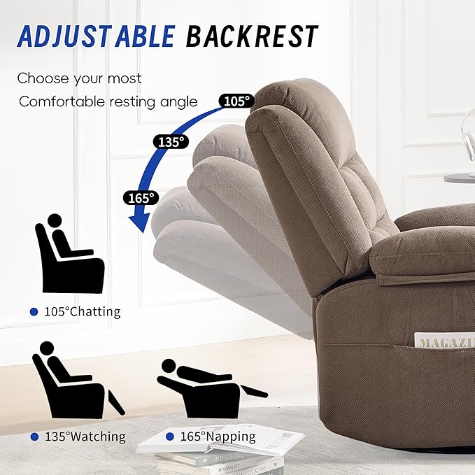 Swivel Recliner Chair for Adults with Massage and HeatManual Glider Rocking Recliner Chair with Cup Holds and PocketsReclining Rocker Chairs for Living Room R8817 (Coffee)