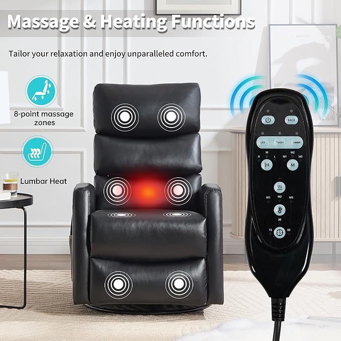 PELUMY 360° Swivel Rocker Recliner with Heat &amp Vibration Massage Glider Rocking Chair for Adults Compact Recliner for Living Room Small Spaces Nursery Bedroom (Breathable Leather Black)