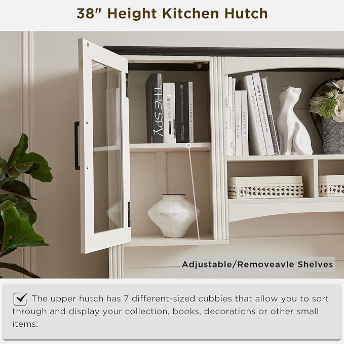 JXQTLINGMU Farmhouse 76 Height Computer Desk with Hutch Office Desk with Charging Station Drawers and Storage Cabinet Workstation for Office Home Off White