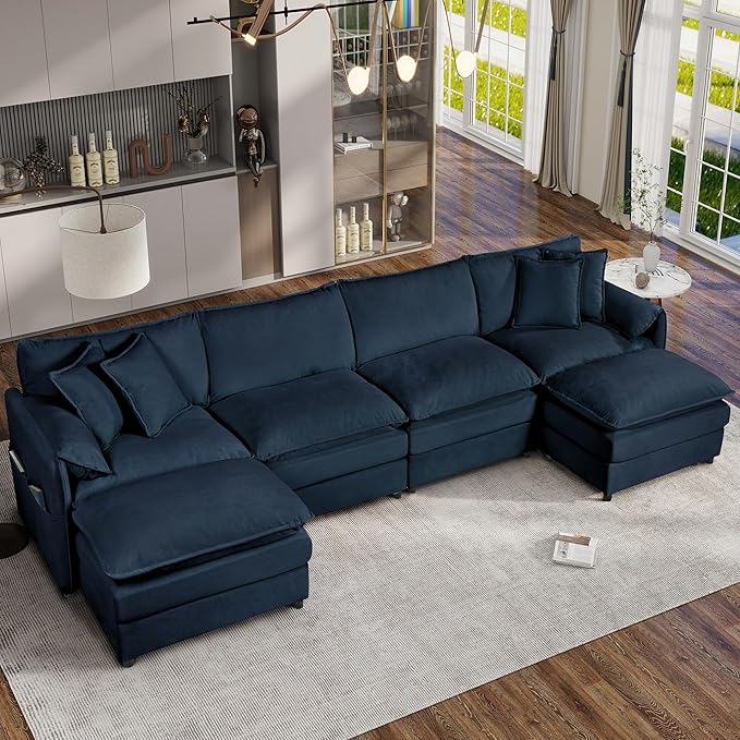 144 Modular Sectional SofaU-Shaped Chenille Sofa Couch with Movable OttomanModern 6 Seat Cloud Sectional Couches for Living Room Office Home (Blue 144 U-6 Seater)