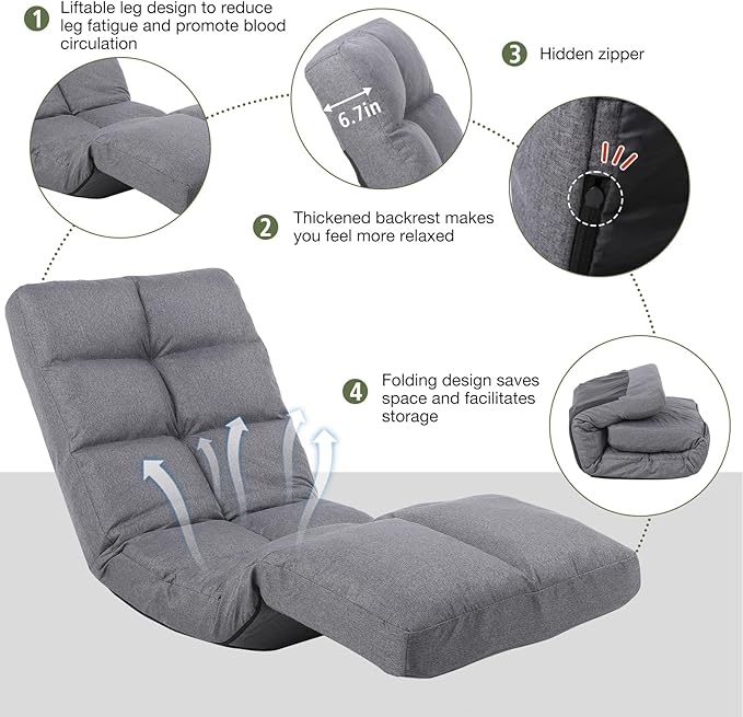 Floor Recliner with Adjustable Footrest - 14-Position Backrest &amp 5-Level Footrest for Ultimate Relaxation Foldable Linen Chaise Lounge Chair for Living Room (Grey)