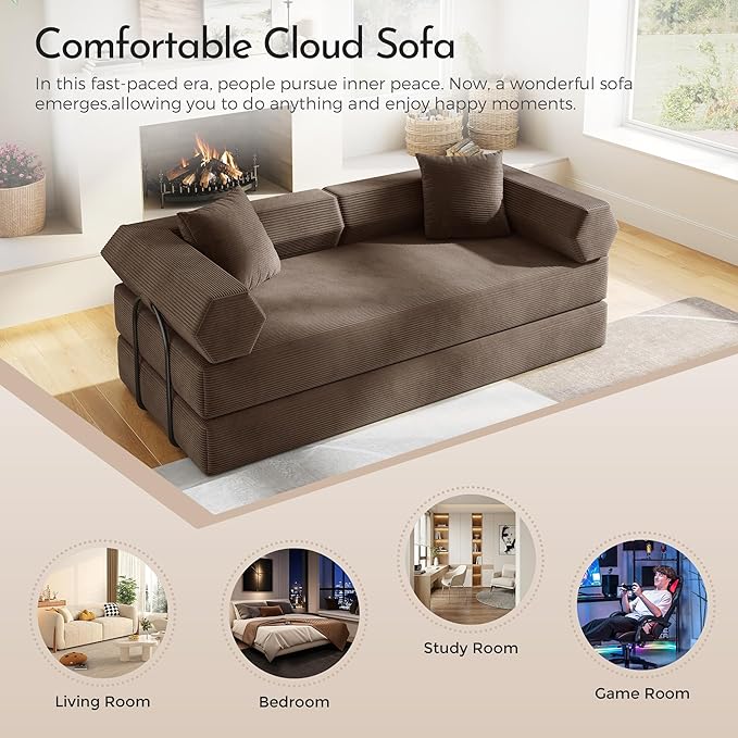 Convertible Modular Sleeper Sofa Bed Mid Century Modern Decor Love Seat Memory Foam Couches Sleeper Sofa Bed for Living Room Solid &amp Easy to Install Cloud Couch (Brown1)