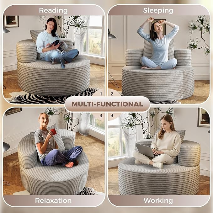 37.4 Oversized Boneless Chair Round Chaise Lounge Boneless Accent Chair Indoor Upholstered Corduroy Deep Seat Sofa Chair No Assembly Required for Living Room Bedroom Apartment