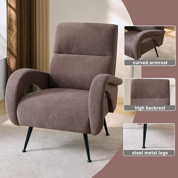 Corduroy Accent Chairs for Living Room Tufted High Back Reading Chairs for Bedroom Mid-Modern Comfy Upholstered Armchairs for Bedroom Reading Nook Apartment Brown