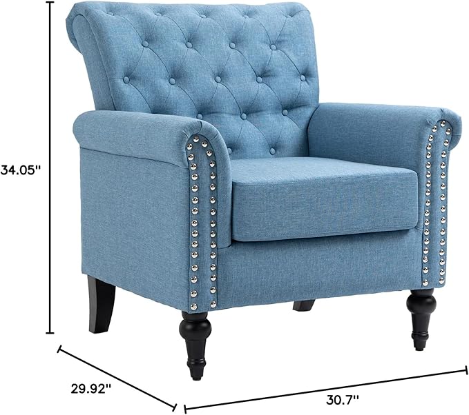 Mid Century Modern Accent Chair Linen Armchair wTufted BackWood Legs Upholstered Lounge Arm Chair Single Sofa for Living Room BedroomLight Blue