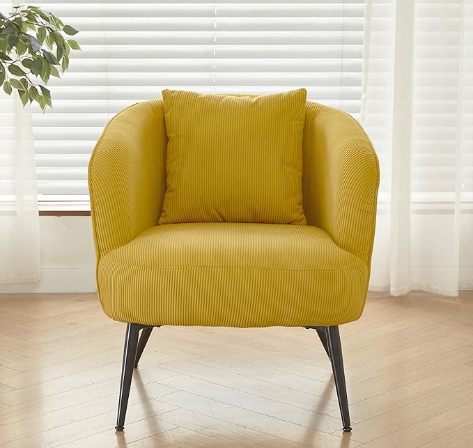 Modern Channel Corduroy Accent Chair with Black Metal Legs Luxurious Design and Comfortable Seating Ideal for Living Room Bedroom or Office Yellow