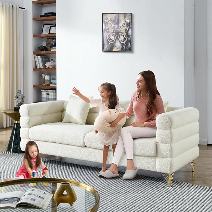 Antetek 81-inch Couches for Living Room Modern Teddy Fabric Upholstered Sofa Couch with Square Arm and 4 Golden Metal Legs for Living Room Office Apartment White