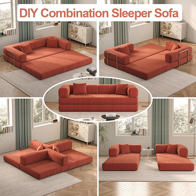 79 Convertible Sofa Bed with Pillows Corduroy Folding Sleeper Sofa with Fixed-Shape Frame Boneless Couch for Living Room Bedroom Floor Sofa Lounge No Assembly Required (A - Style-Orange)