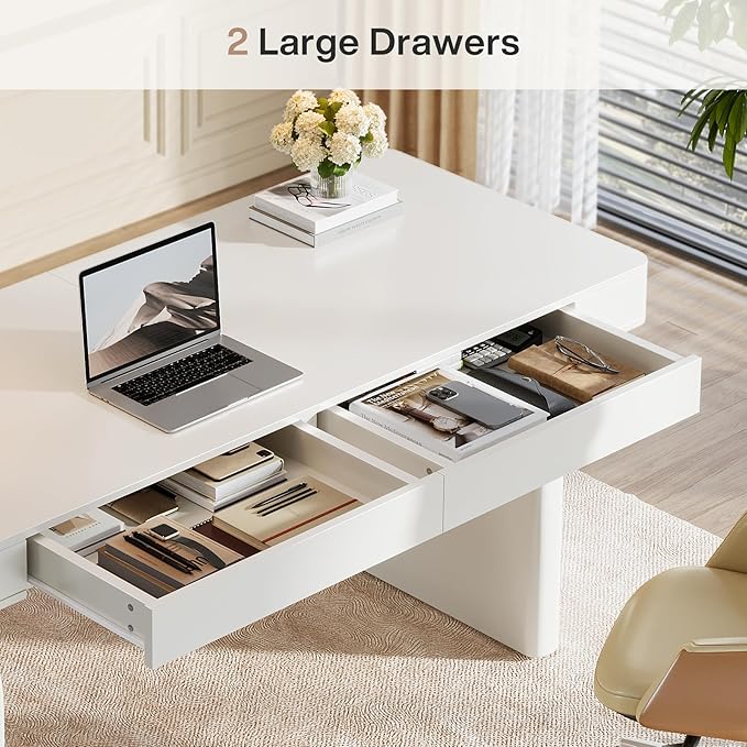 Tribesigns White Desk with Drawers 63-Inch Modern Executive Office Desk Glossy Elegant Work Study Desk Writing Table for Home Office Cream White