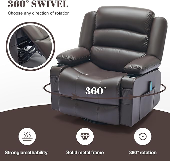 Oversized Recliner Chair with Heat and Massage 360° Swivel Nursery Rocking Chairs for Adults Recliner Single Sofa Seat with Cup Holders Lazy Boy Recliner Single Sofa (Oversized Manual Darkbrown)