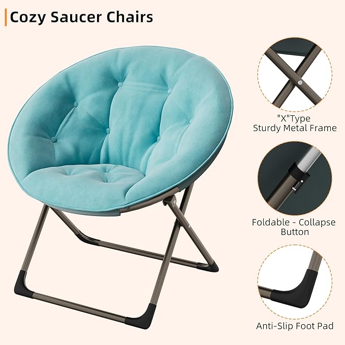 Comfy Oversized Saucer Chair Soft Furry Padded Accent Lazy Sofa Chair for Adults X-Large Metal Frame Folding Lounger for Bedroom Living Room Home Office Blue+Gold