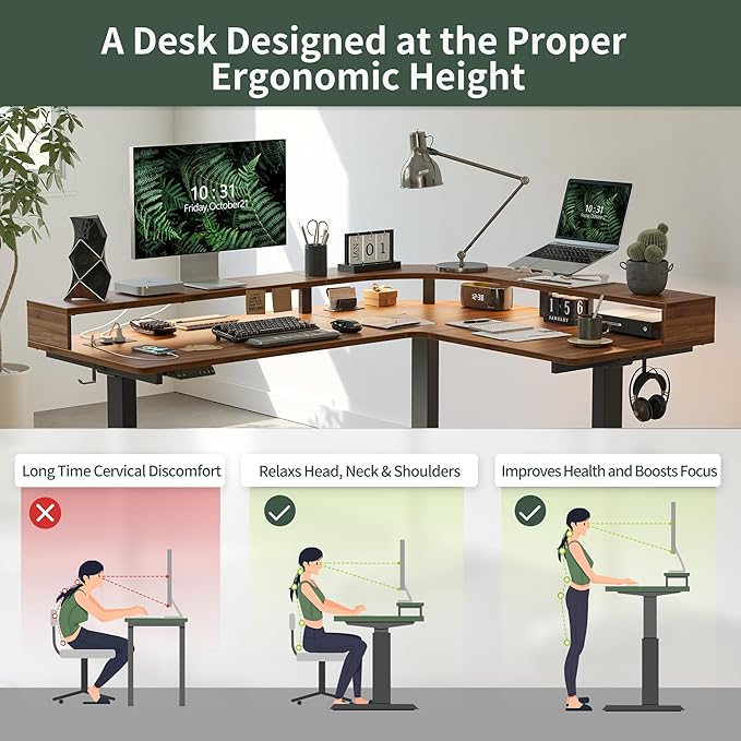 FEZIBO 63x49 L Shaped Standing Desk with Arc LED &amp Power Outlet Electric Height Adjustable L Shaped Desk with Monitor Stand for Gaming Office Black Walnut（2 Packages）