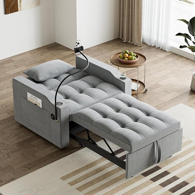Sleeper Sofa Chair Bed 3 in 1 with Charging Ports Phone Holder &amp Cup Holders - Modern Velvet Convertible Pull Out Single Sofa Bed for Small Spaces Apartment Dorm (Light Gray)