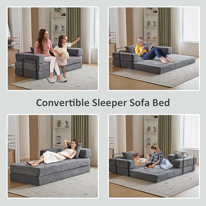 Convertible Sleeper Sofa Bed Compression Folding Sofa with Pillow No Assembly Required Shape Frame Floor Sofas Lounge Couch for Living Room Bedroom Small Spaces(Corduroy 77''W Dark Grey)