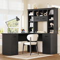 L-Shaped Executive Desk Writing Desk Office Study Workstation with Storage Cabinets and Bookcases Wood Home Office Computer Desk for Living Room Study Room (Black-11.8)