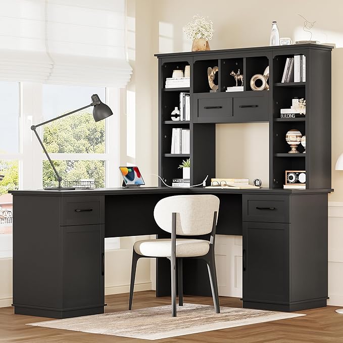 L Shaped Desk Computer Desk with Drawers Bookshelf &amp Hutch Modern Corner Desk Home Office Desk L-Shaped Study Table Writing Desk Corner Gaming Computer with Storage (Black)
