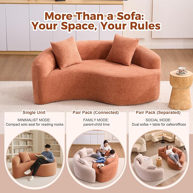 Luxury Modern Chenille Sectional Sofa Tai Chi Curved Compression Couch Boucle Cozy Soft Loveseat for Living Room Apartment Office (Coral)