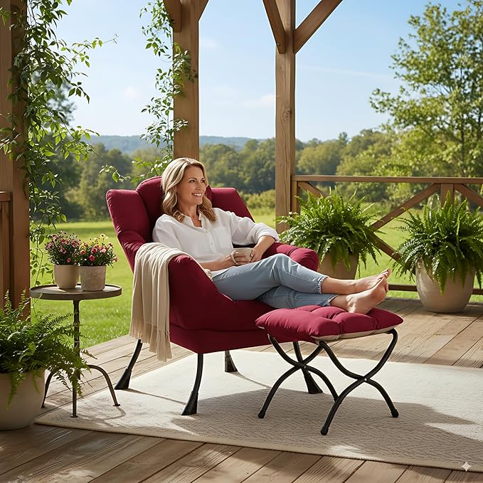 LITA Lazy Chair with Ottoman Modern Accent Leisure Upholstered Sofa Chairs Contemporary Lounge Reading Chairs with Armrests and a Side Pocket for Living Room Bedroom &amp Small Space Burgundy