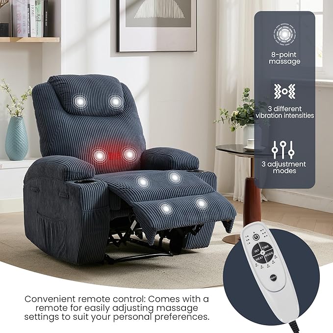 Massage Recliner Chair with Heat for Adults Extra Wide Manual Reclining Chair with 1.5X Thick Sponge Armrests &amp Backrest Lazy Boy Recliner Sofa for Living Room &amp Bedroom Comfort Blue