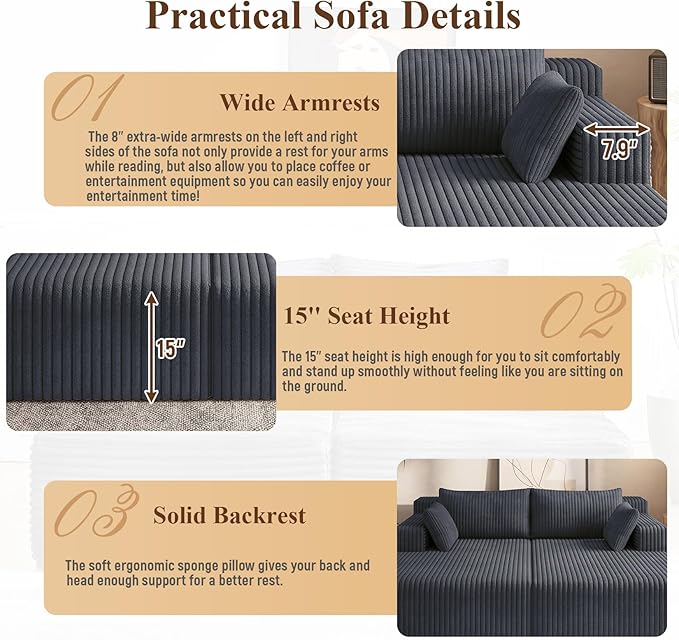 71'' Oversized Double Chaise Lounges Indoor Cloud Upholstered Boneless Couch Bed Deep Seat No Assembly Required Modern Corduroy Sleeper Loveseat Chair for Living Room Bedroom Reading (Dark Grey) |