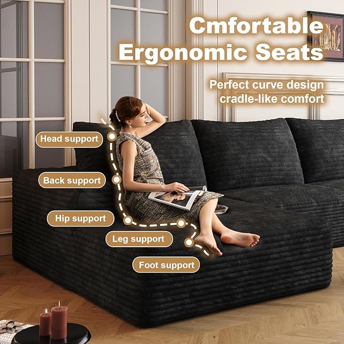 136 Sectional Couches for Living Room Modern Modular Sofa with L-Shape Couch Upholstered Boneless Sofa Deep Seat Sectional Couch with Chaise (Black Left Facing Chaise+3Seaters)