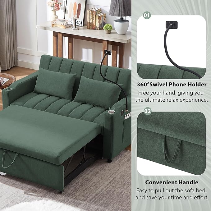 Bellemave 55.9 Convertible Sofa Bed Loveseat 3-Position Recliner to Sleeper with USB Ports Cup Holders 360°Swivel Phone Holder &amp Side Pockets for Small Space Green