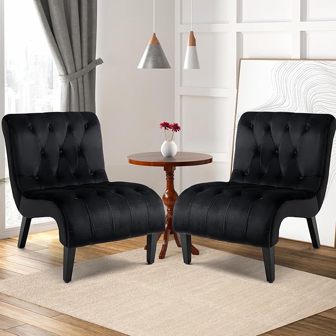 AVAWING Armless Accent Chair Set of 2 Upholstered Velvet Lounge Chair with Wood Legs Comfy Reading Chair for Living Room &amp Bedroom Black