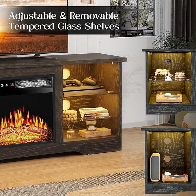 VITESSE 58 Inches Fireplace TV Stand for TVs up to 65 Inches Console with 18'' Electric Fireplace &amp RemoteWooden Modern Entertainment Center for Living Room with LED Light Glass Shelves（Black）