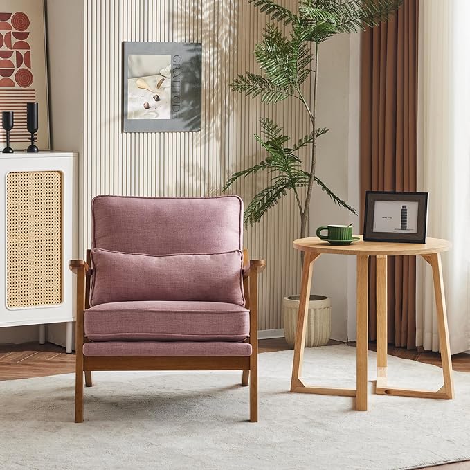 Karl home Accent Chair Wide Armrest Mid-Century Lounge Chair Linen Fabric Armchair with Lumbar Pillow &amp Solid Wood Frame for Living Room Bedroom Balcony Pink