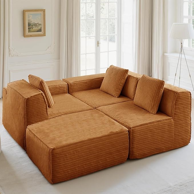 L-Shaped Corner Corduroy Sectional Sofa 4 Seat Modular Boneless Sofa Foam Cloud Couch with Movable Ottoman and Toss PillowsModern Deep Seat Convertible Chaise Sofa