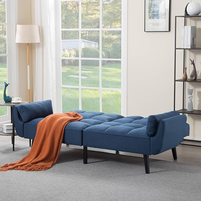 Convertible Futon Sofa Bed Modern Futon Couch with 2 Pillows Small Futons Couch with Adjustable Armrest &amp Backrest Loveseat Sofa Bed for Living Room Bedroom Blue